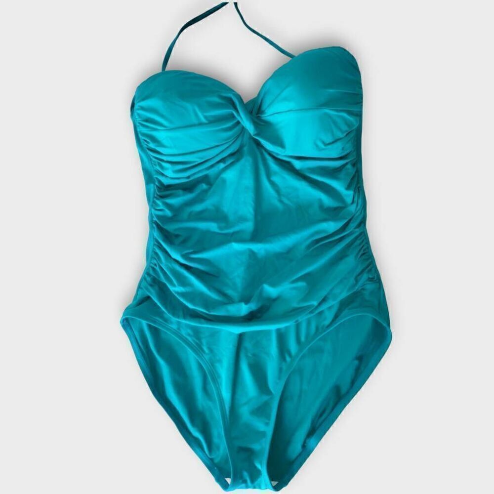 ANA Womens Swimsuit Sz 14 One Piece Turquoise Bra Support Ruched Torso High Legs